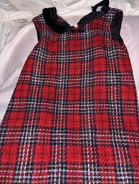 H&M Red Plaid Sleeveless Mini Dress with Black Trim